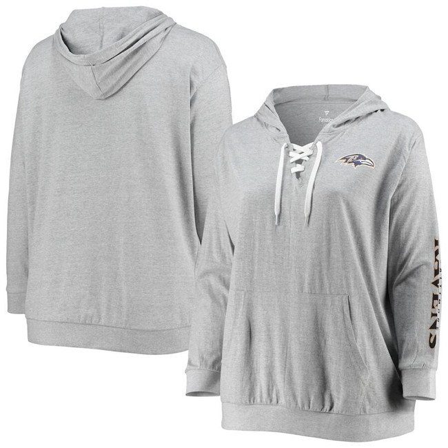 Women's Baltimore Ravens Heathered Gray Plus Size Lace-Up Pullover Hoodie Women's Baltimore Ravens Heathered Gray Plus Size Lace-Up Pullover Hoodie